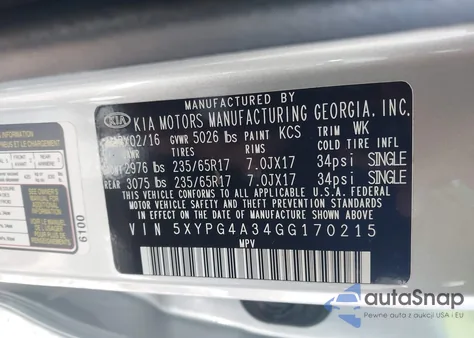 2016 Kia Sorento 2.4L Lx из США, поврежденный, VIN 5XYPG4A34GG170215